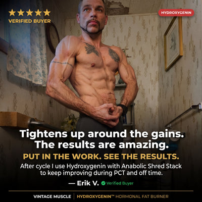 Man with muscular physique in a room with Hydroxygenin branding and text about product benefits.