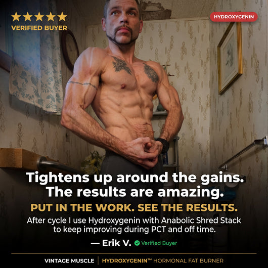 Man with muscular physique in a room with Hydroxygenin branding and text about product benefits.